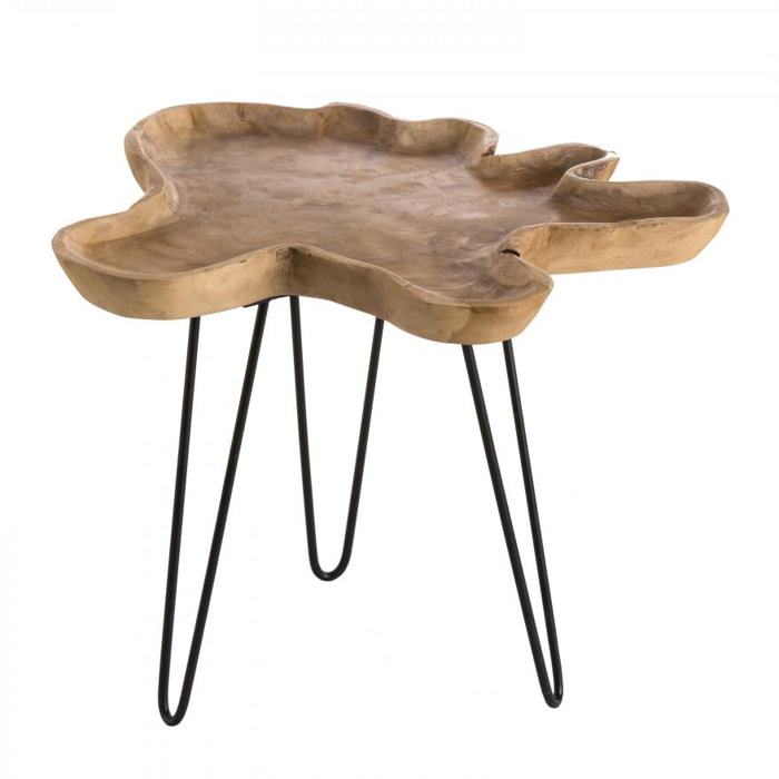 LALY - Table d'appoint bois Teck - plateau forme naturelle - pieds épingles scandi métal