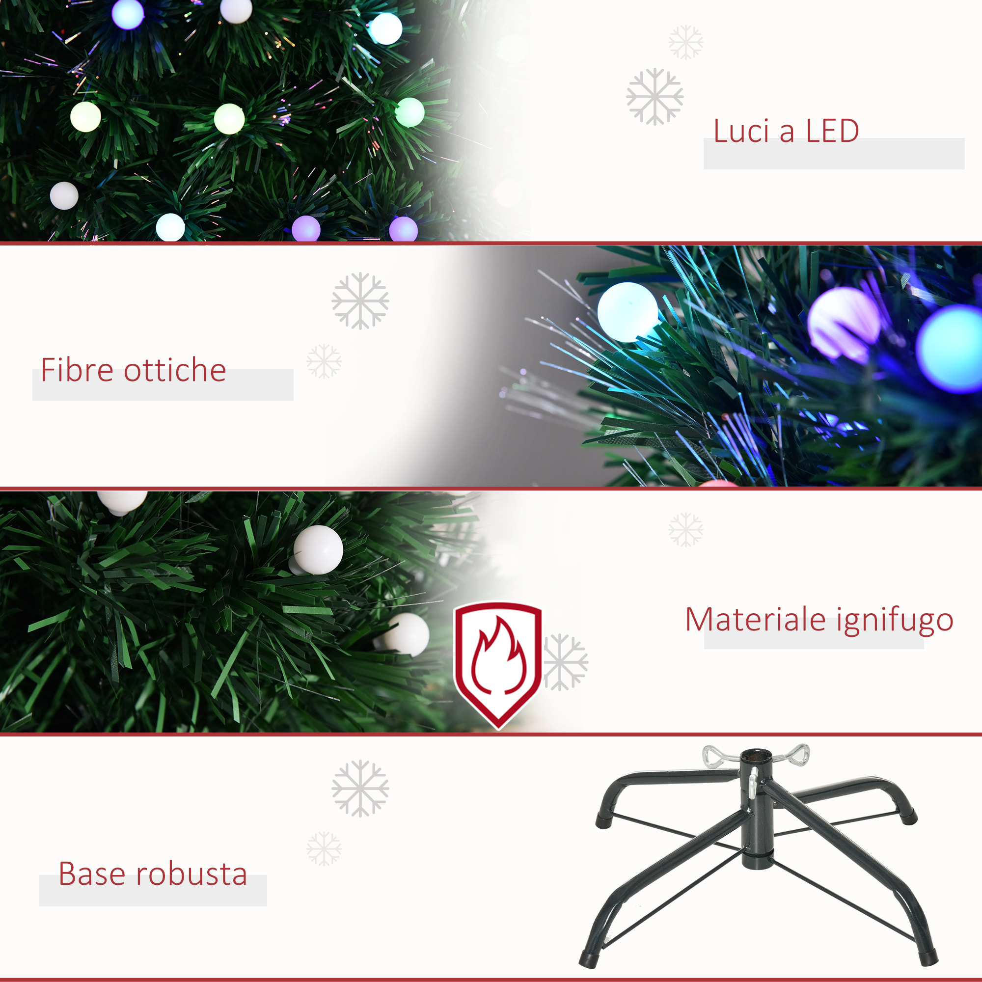 HOMCOM Albero di Natale Artificiale con Luci LED e Fibre Ottiche e Base in Metallo Pieghevole 150cm - Verde