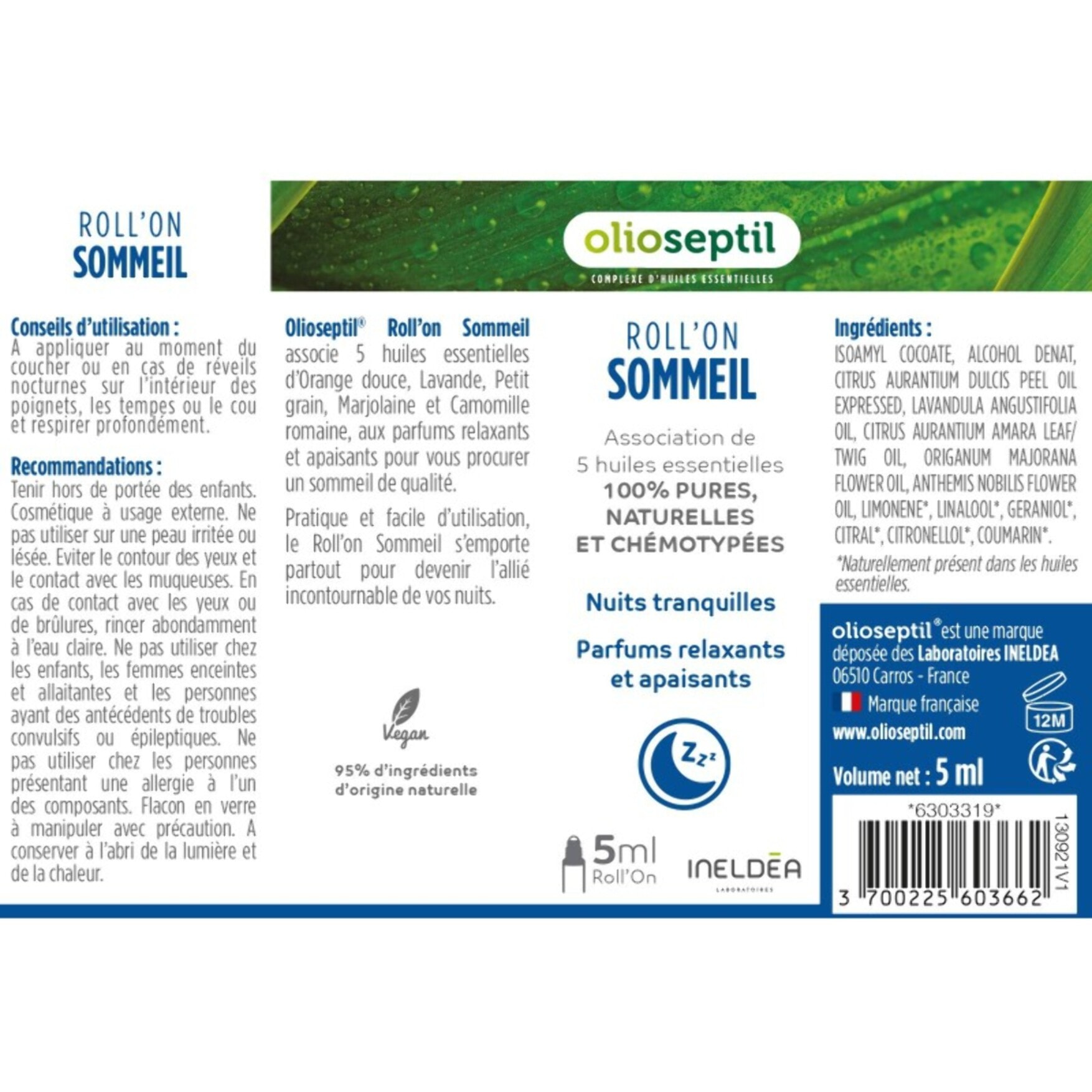 OLIOSEPTIL - Roll'On Sommeil - Association de 5 huiles essentielles 100% pures naturelles et chémotypées dont la Lavande et Camomille Romaine- Parfums relaxants et apaisants - 100% Vegan - Roll'on 5ml