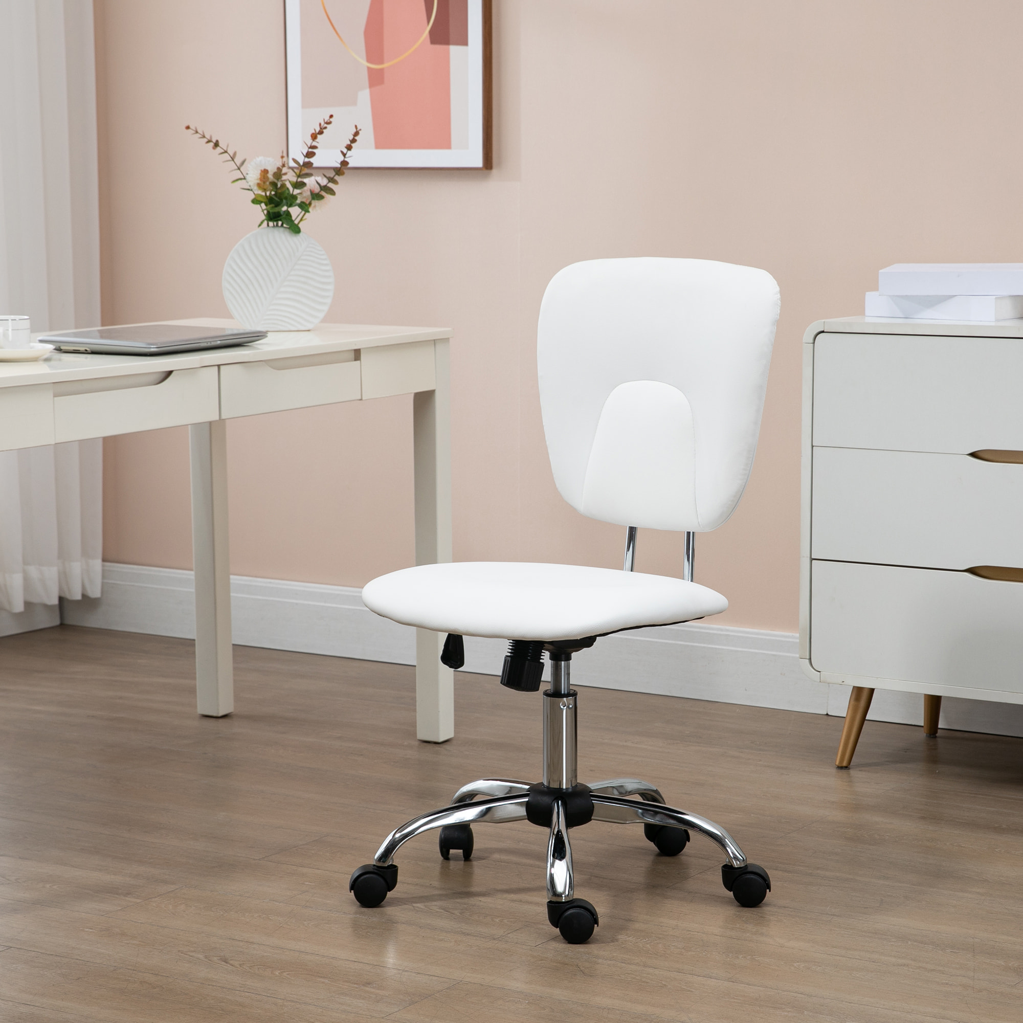 Silla de Oficina Silla de Escritorio Giratoria de Cuero PU con Altura Ajustable y Función de Inclinación para Salón Dormitorio Estudio Carga 120 kg 50x54x87,5-96,5 cm Blanco