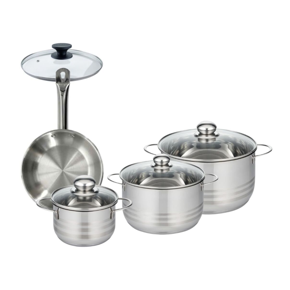 Set 1 poêle en inox et 1 couvercle verre, 3 faitouts inox Fackelmann Eterna