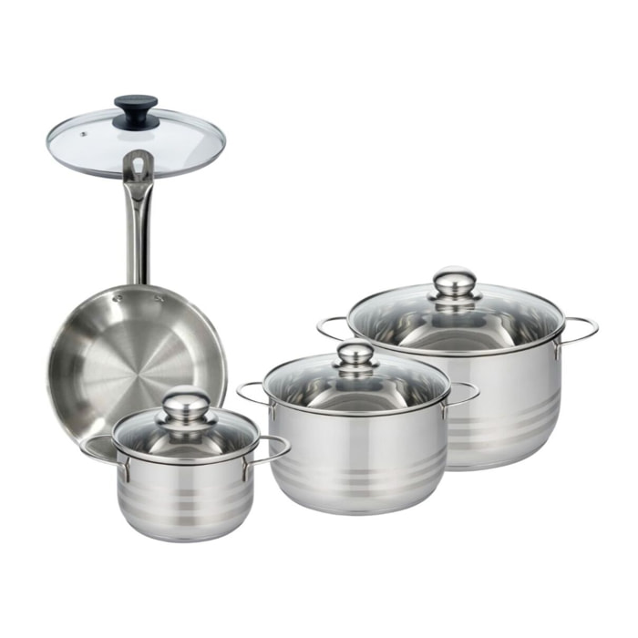 Set 1 poêle en inox et 1 couvercle verre, 3 faitouts inox Fackelmann Eterna