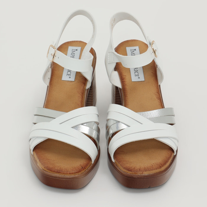 Sandali in simil pelle con tacco comodo quadrato e fasce bicolore