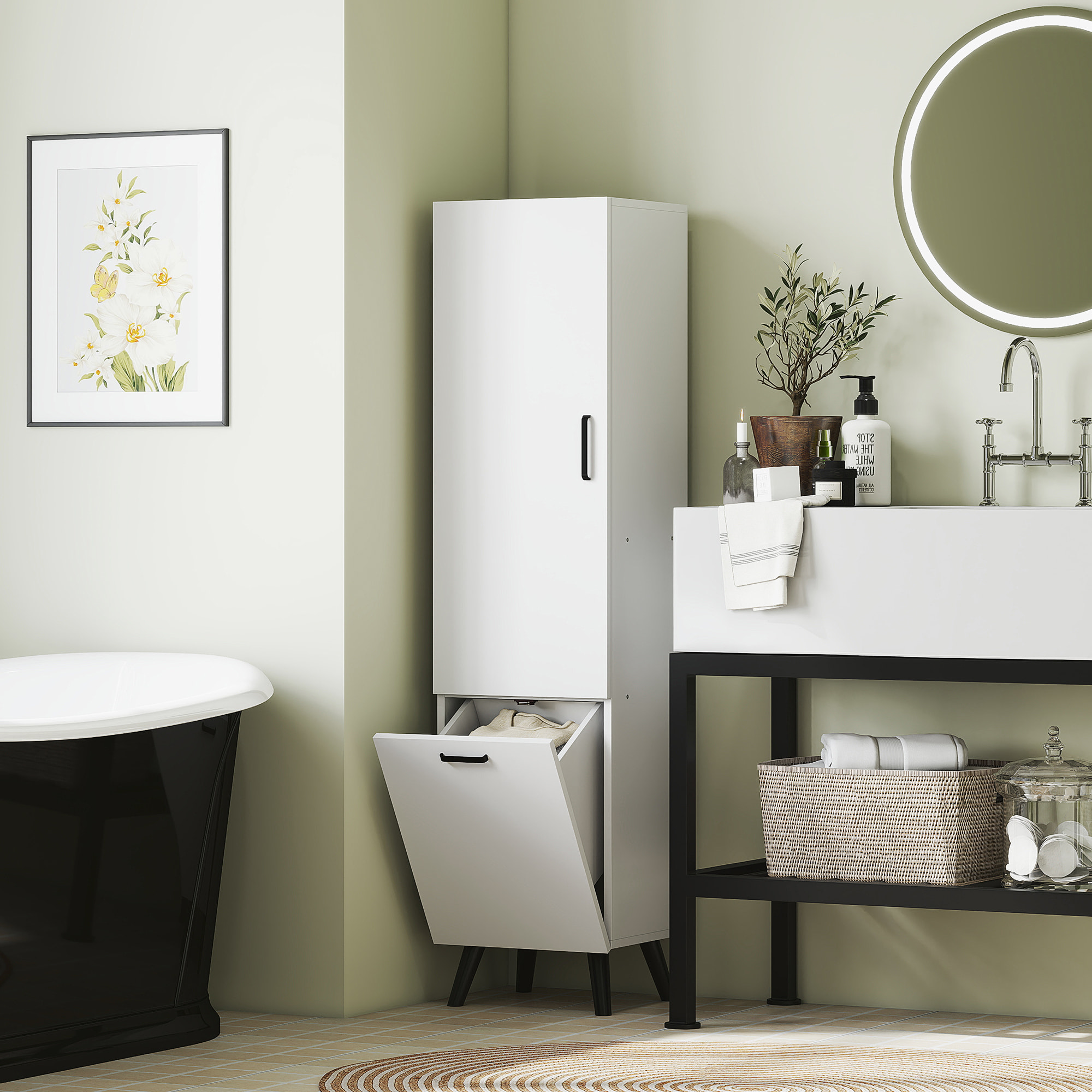 Armario de Baño Alto con Cesto Ropa Sucia Columna de Baño Estrecho con Puerta y Estantes Mueble Auxiliar para Salón Cocina 35x31,5x144 cm Blanco