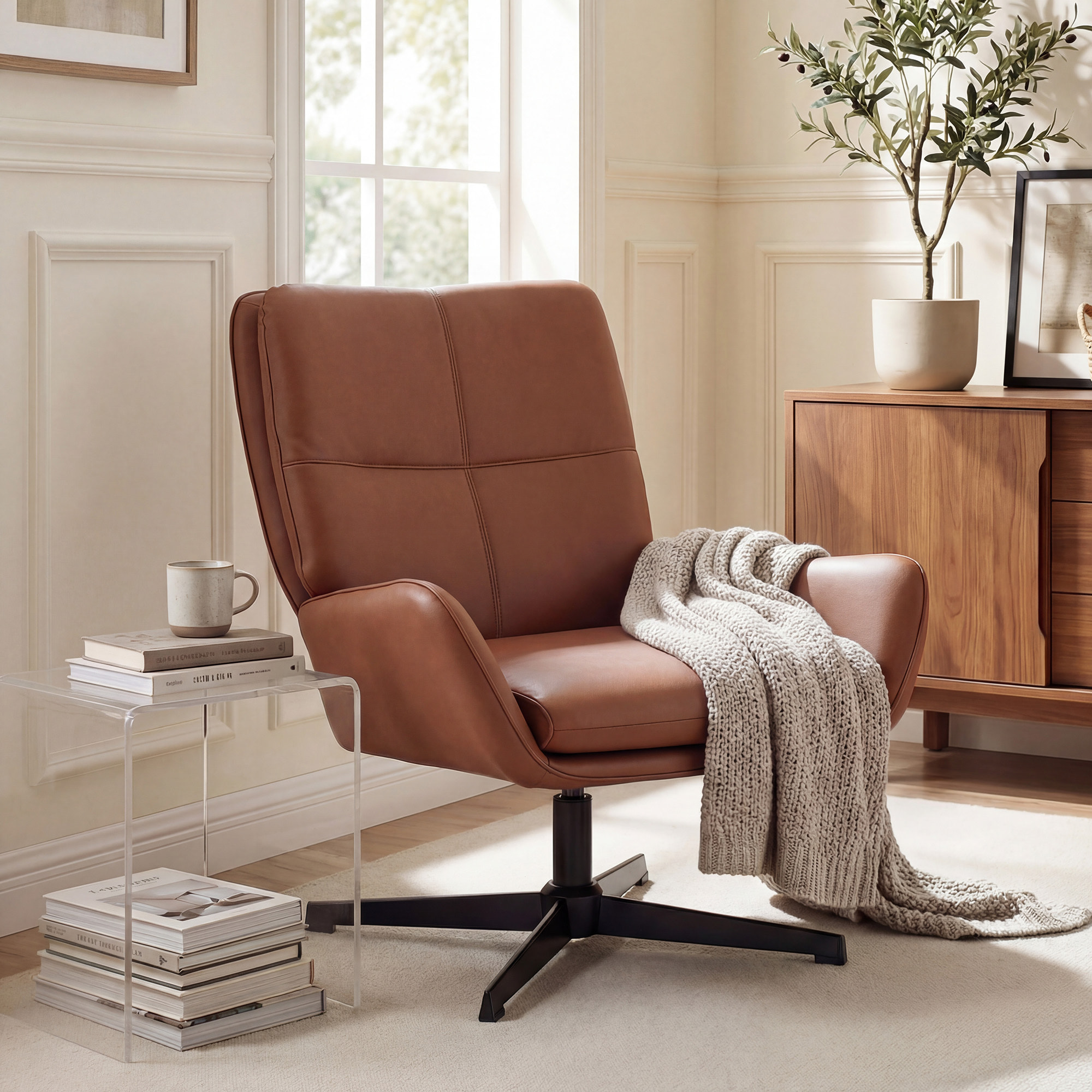 Sillón Giratorio, Butaca de Salón Tapizado en PU, Sillón Lectura con Asiento Acolchado, Reposabrazos, Patas Metálicas, para Sala de Estar, Dormitorio, Marrón