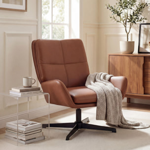 Sillón Giratorio, Butaca de Salón Tapizado en PU, Sillón Lectura con Asiento Acolchado, Reposabrazos, Patas Metálicas, para Sala de Estar, Dormitorio, Marrón