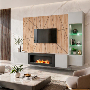Parete Attrezzata Moderna Per Tv Con Biocamino E Pannello Design Geometrico 2 Ante Ribalta  E 1 Vano A Giorno 200 x 40 x 158 Cm Grigio E Rovere