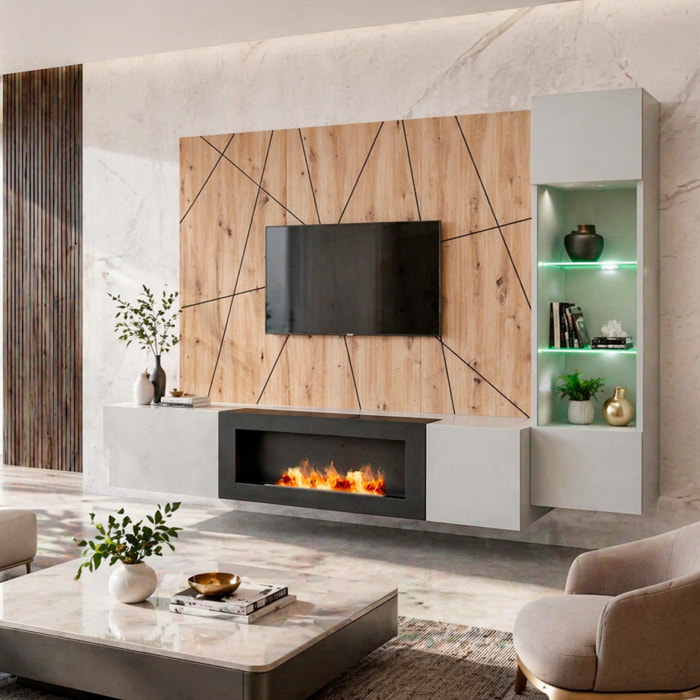 Parete Attrezzata Moderna Per Tv Con Biocamino E Pannello Design Geometrico 2 Ante Ribalta  E 1 Vano A Giorno 200 x 40 x 158 Cm Grigio E Rovere