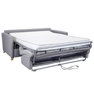 Canapé convertible 3 places en tissu gris clair et bois clair avec matelas 18 cm SKANDY