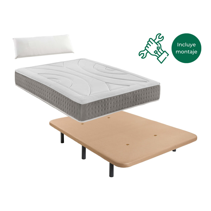 Pack de Base Tapizada Beige + Colchón viscoelástico con 1 almohada Nordic - Incluye Montaje