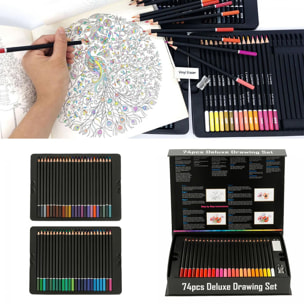 Set di 74 matite colorate DELUXE DRAWING con dima da disegno e gomma.