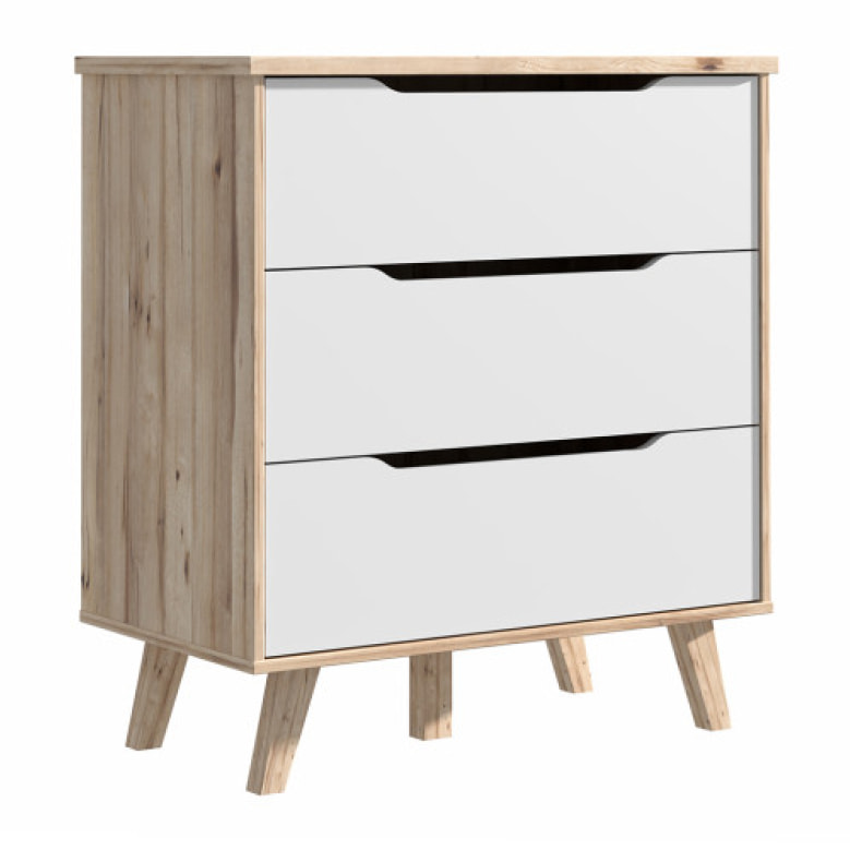 Commode 3 tiroirs effet bois chêne naturel et blanc mat - WANDA