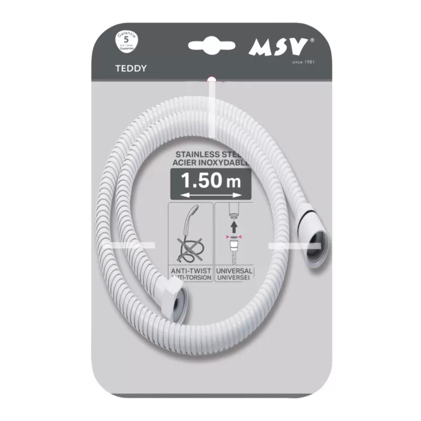 Flexible de douche MSV Teddy 1,50 m Ø14 mm – Double verrouillage anti-torsion – Blanc mat