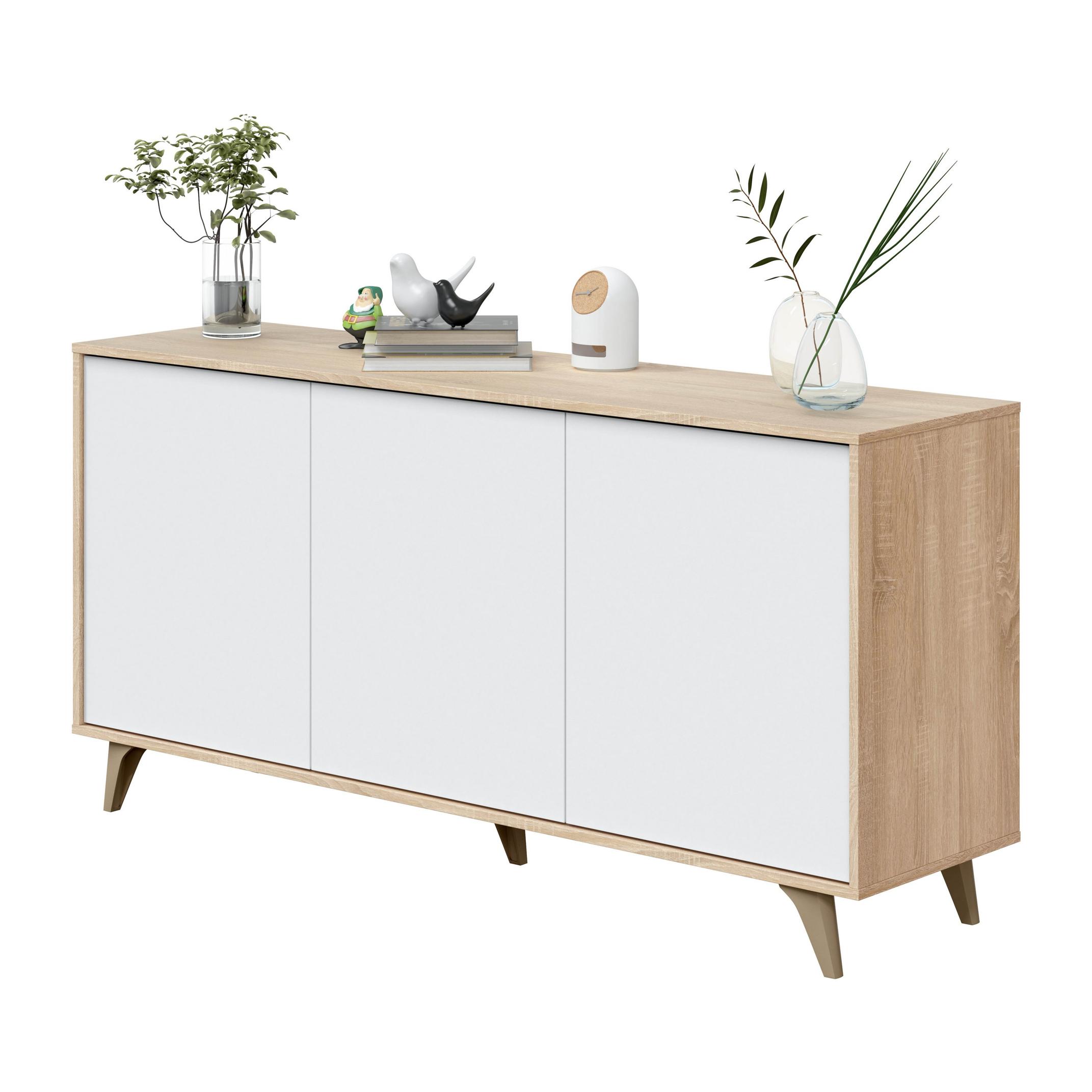 Credenza Arvada, Madia moderna a 3 ante e ripiani, Buffet da cucina, Buffet di design da soggiorno, cm 154x40h75, Rovere e Bianco