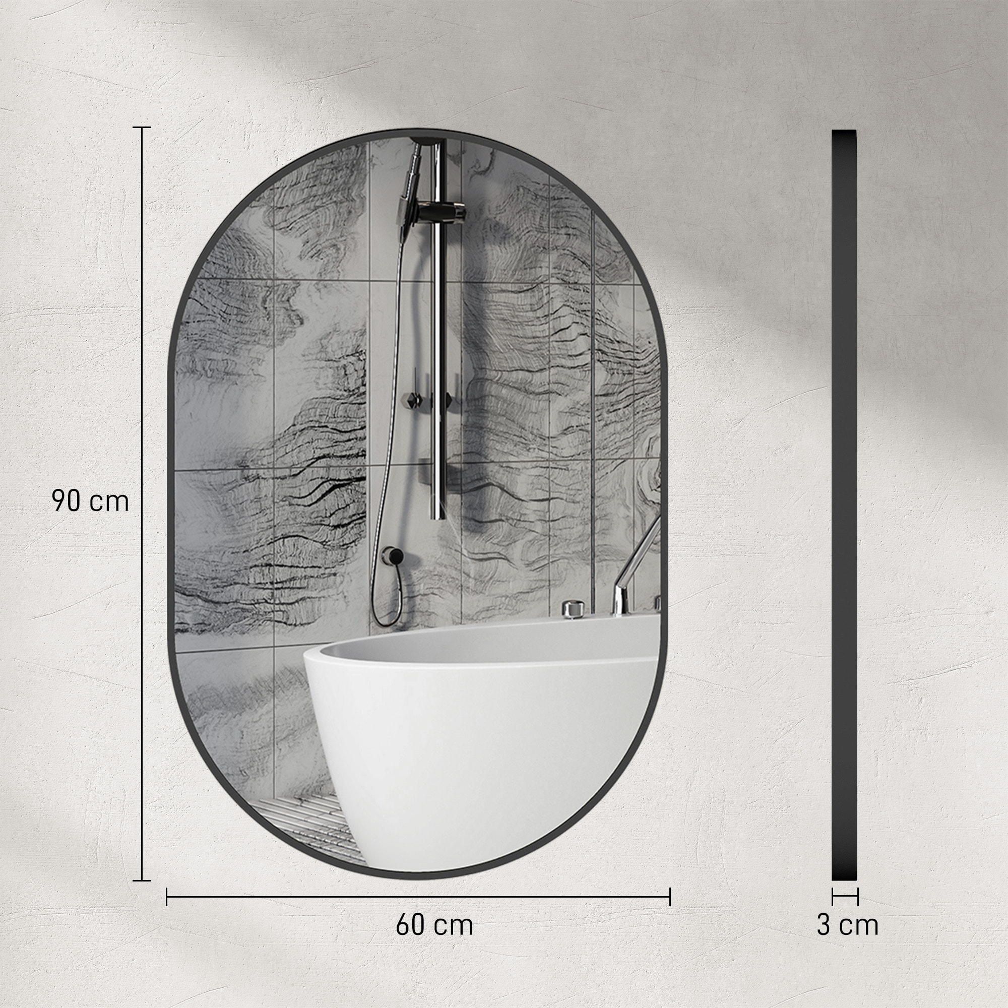 Espejo de Baño Ovalado 60x90 cm con Marco de Aluminio Espejo de Pared Decorativo Horizontal o Vertical para Salón Entrada Pasillo Negro