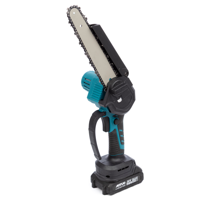 Mini motosierra inalámbrica 21V con hoja de 8 pulgadas, 2 baterías de 6500 mah y maletín de transporte.