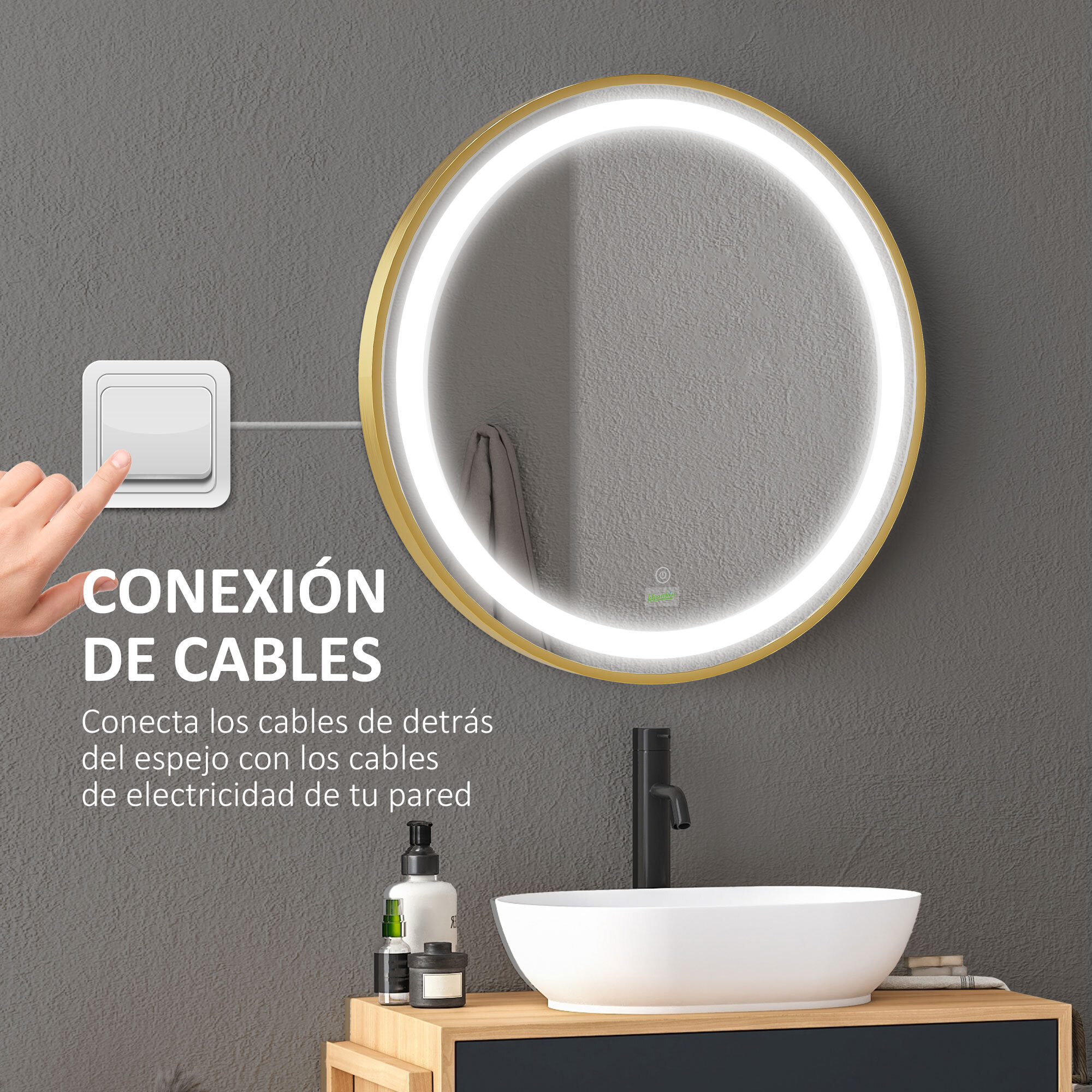 Espejo de Baño con Luz LED Ø60x4 cm Espejo Redondo con Interruptor Táctil 3 Luces Ajustable Visualización de Temperatura y Hora Función de Memoria Marco de Aluminio Dorado