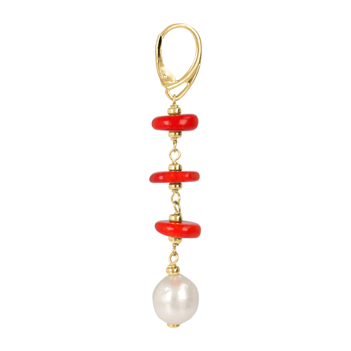 PERLAVIVA - Orecchini Pendenti in Argento 925 placcato Rodio con Corallo Bambù Rosso e Perle Ming Bianche d'Acqua Dolce Ø 11/12 mm