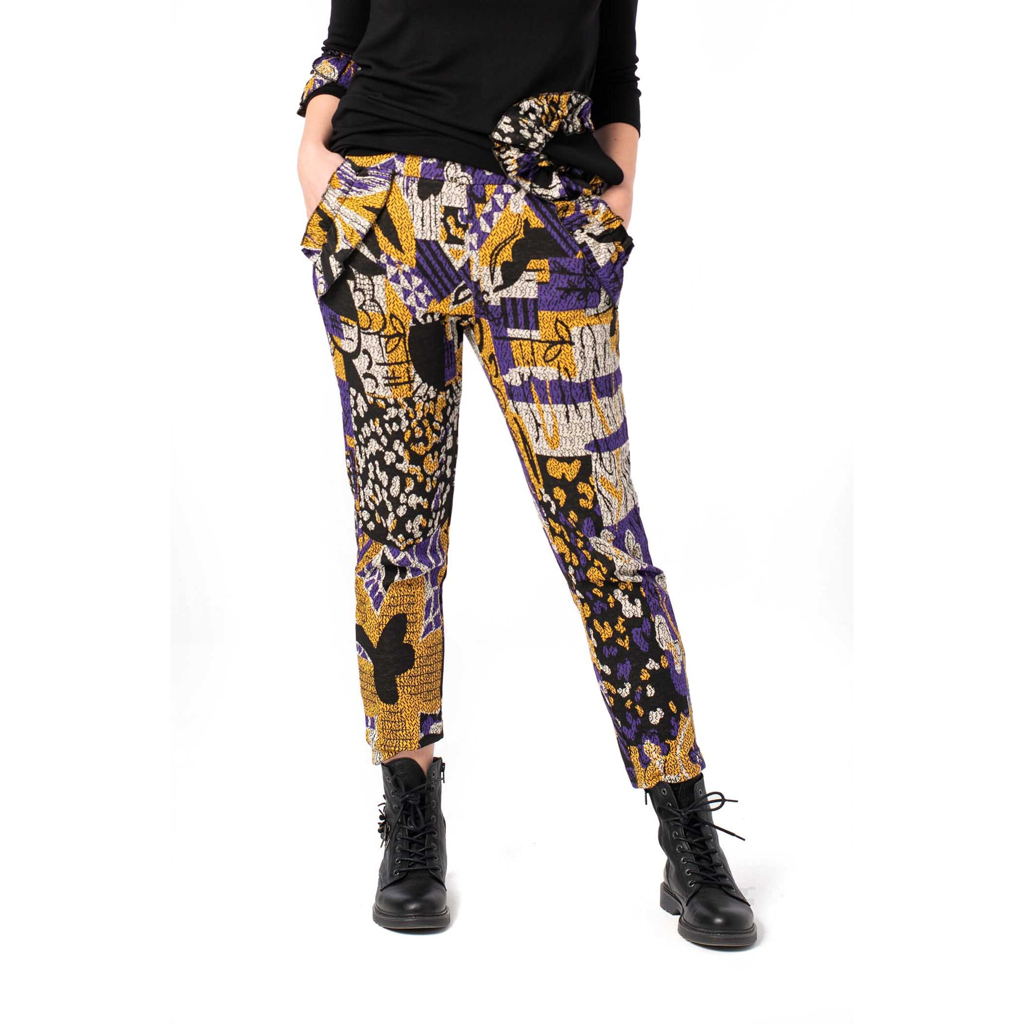 Mamatayoe Colorito. Pantalón Largo Estampado para Mujer de Color Negro, Morado y Amarillo para Otoño Invierno. Pantalón de Vestir Recto con Cintura Elástica y Bolsillos Laterales.