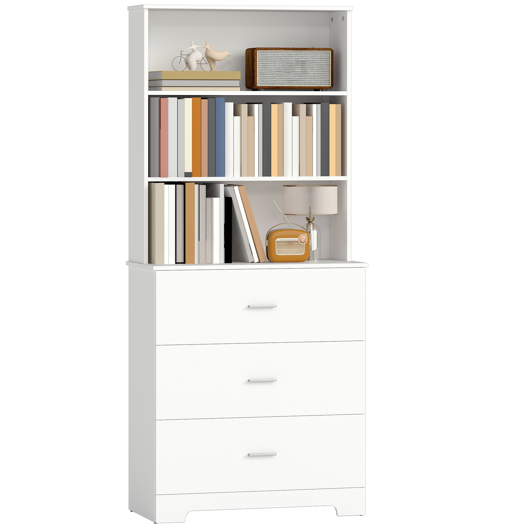 Estantería para Libros de 6 Niveles, Librería con 3 Cajones, 3 Estantes Abiertos, Armario Alto para Salón, Estudio, Oficina, 79x39,5x182,2 cm, Blanco