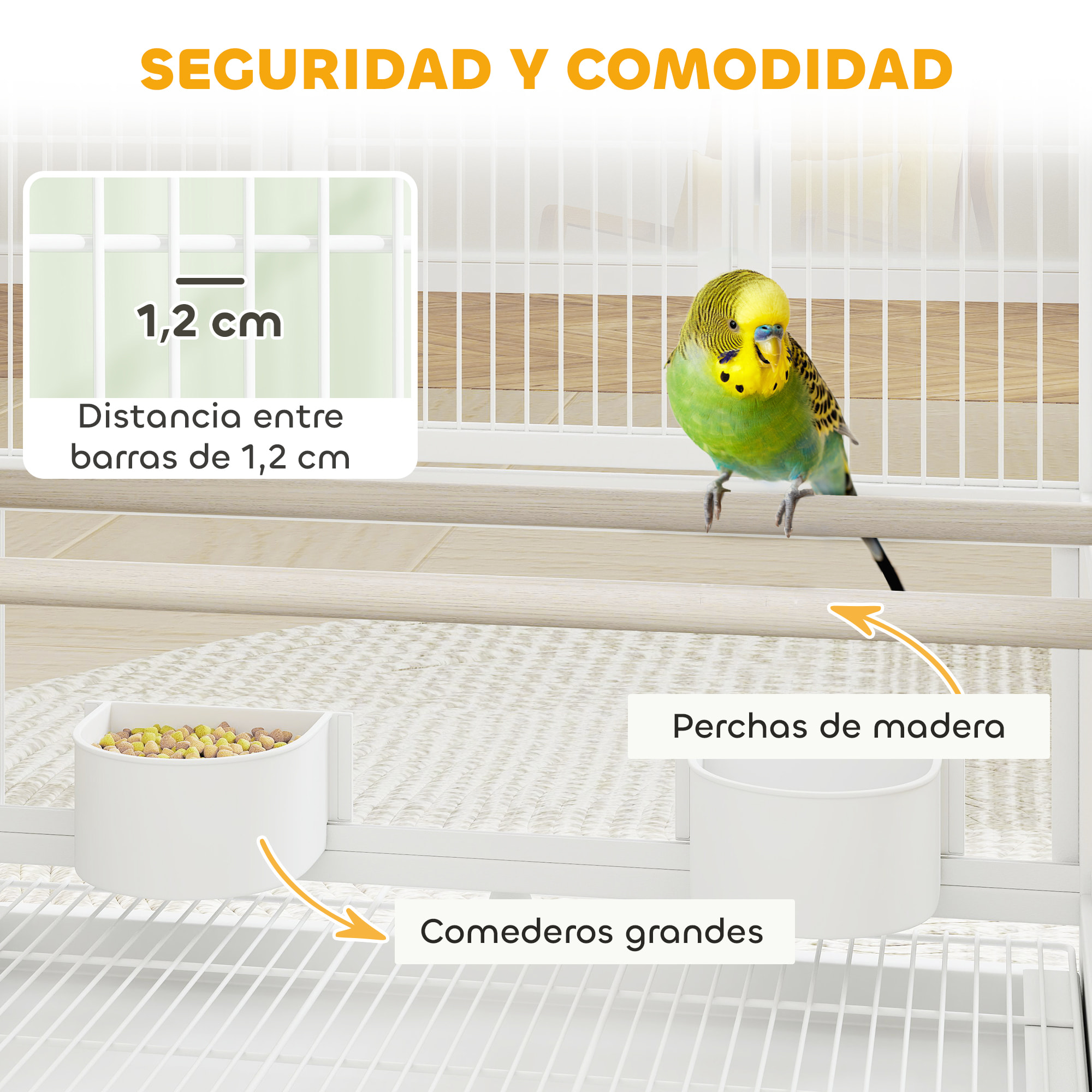 Jaula para Pájaros Jaula Grande de 2 Niveles con Ruedas Paneles Acrílicos Comederos Perchas Estante Bandejas Extraíbles Pajarera para Loros Canarios 48x46x134,5 cm Blanco