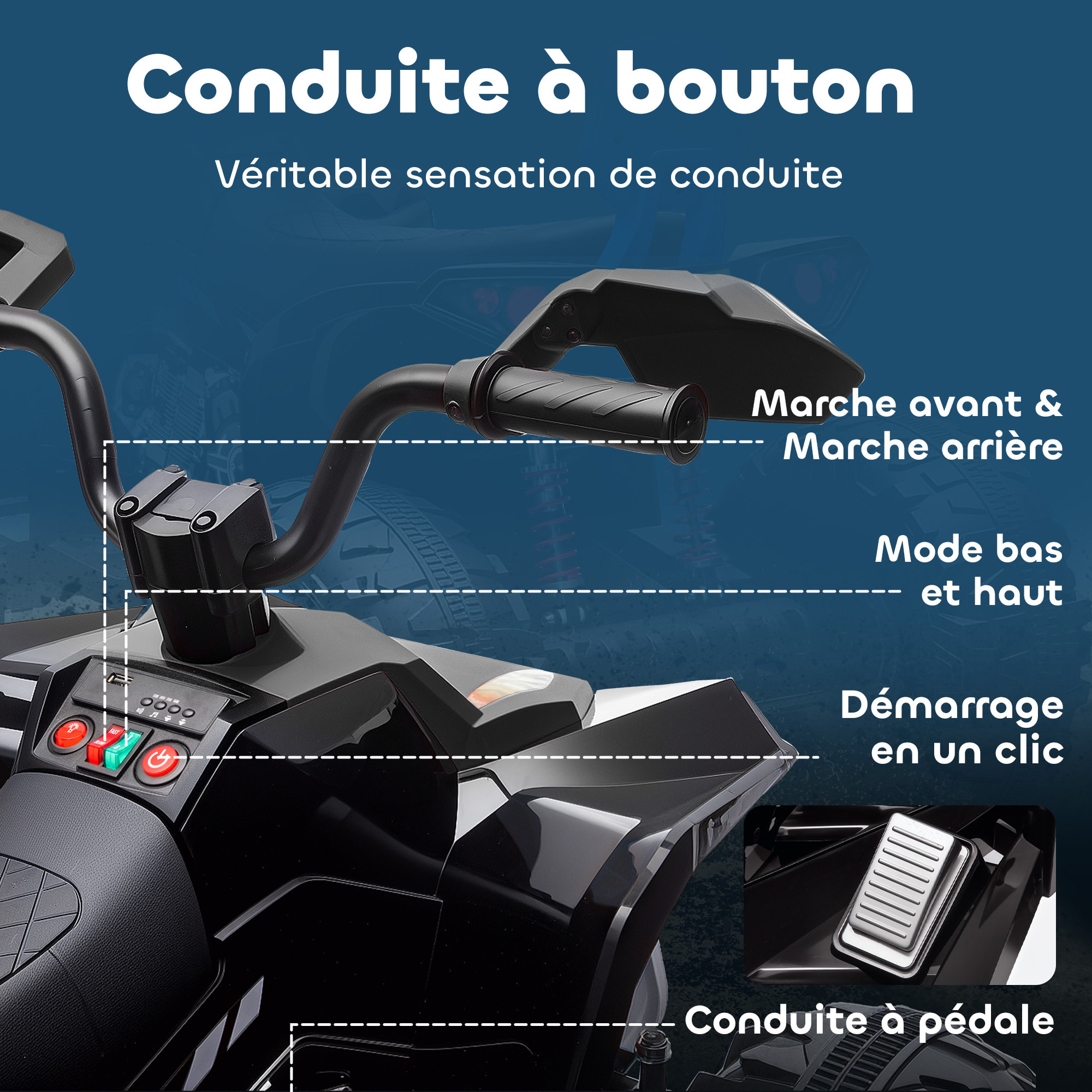 Quad électrique enfant 24V max. 6,5Km/h port USB, MP3 effets lumineux noir