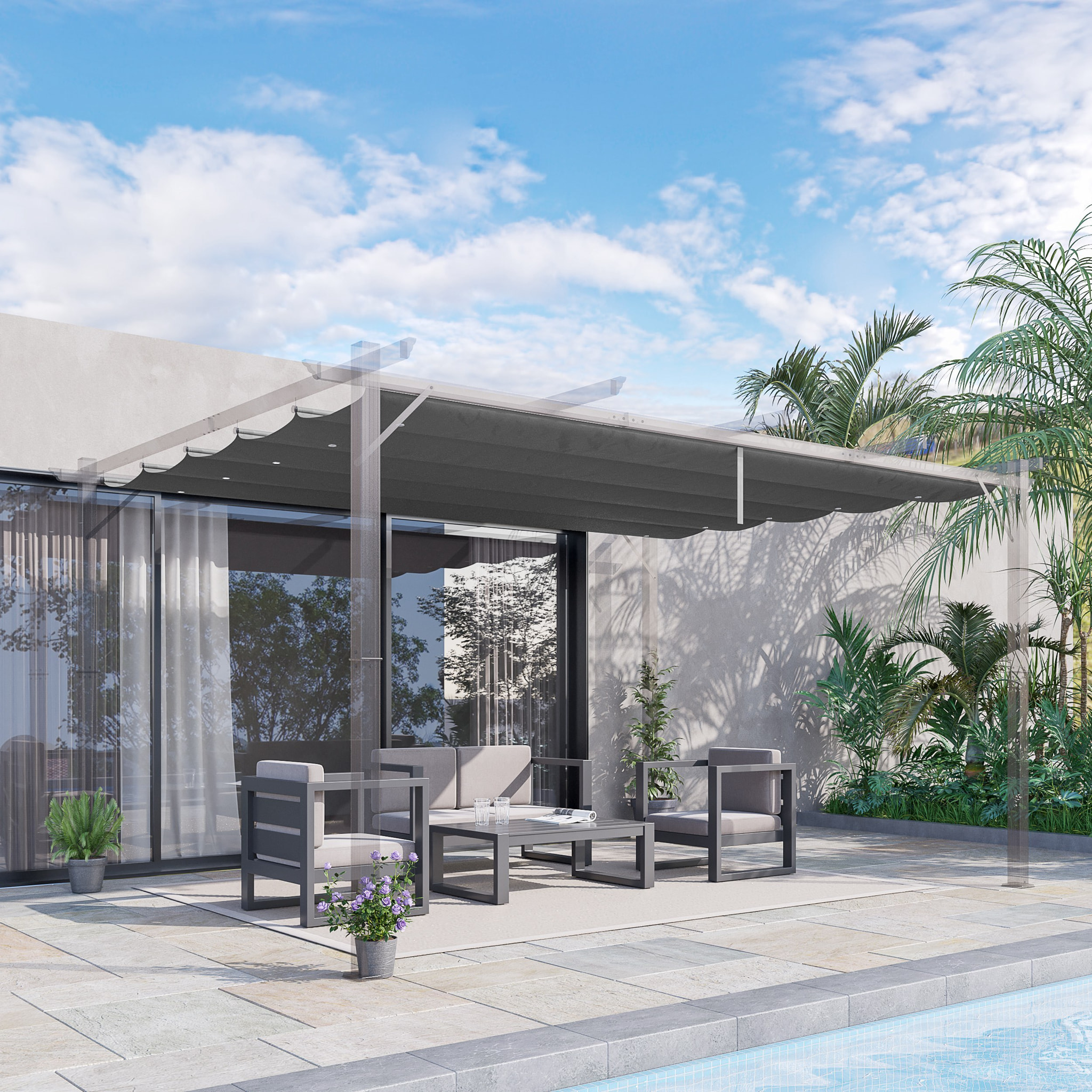 Cubierta para Pá©rgola 3,5x2,5 m Techo de Repuesto Retrá¡ctil para Sombrilla Toldo de Tela para Cenador Jardín con 10 Orificios de Drenaje Gris Oscuro