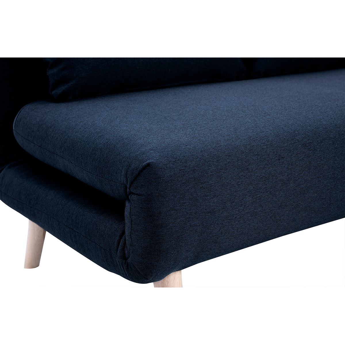 Chauffeuse 2 places convertible en tissu bleu foncé et bois clair AMIKO