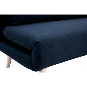 Chauffeuse 2 places convertible en tissu bleu foncé et bois clair AMIKO