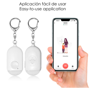 Allarme SOS personale con bluetooth, luce LED brillante da 12lm e suono da 130dB. Doppia attivazione rapida e notifiche.