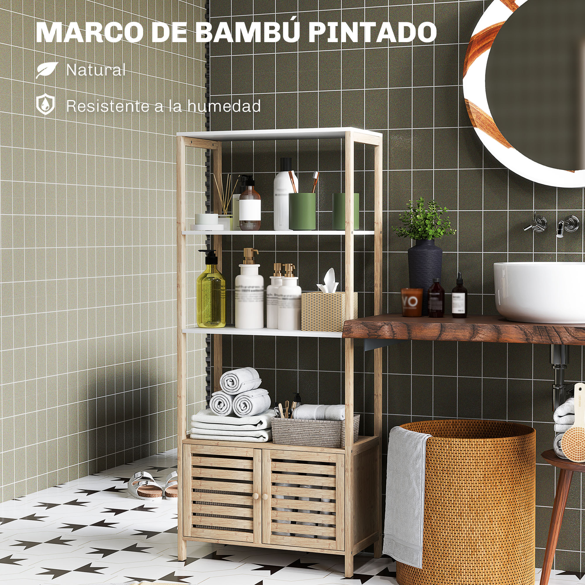 Estantería de Baño de Bambú con 3 Estantes Abiertos Estantería de Almacenaje con Puertas de Lamas 63x30x138 cm Natural y Blanco