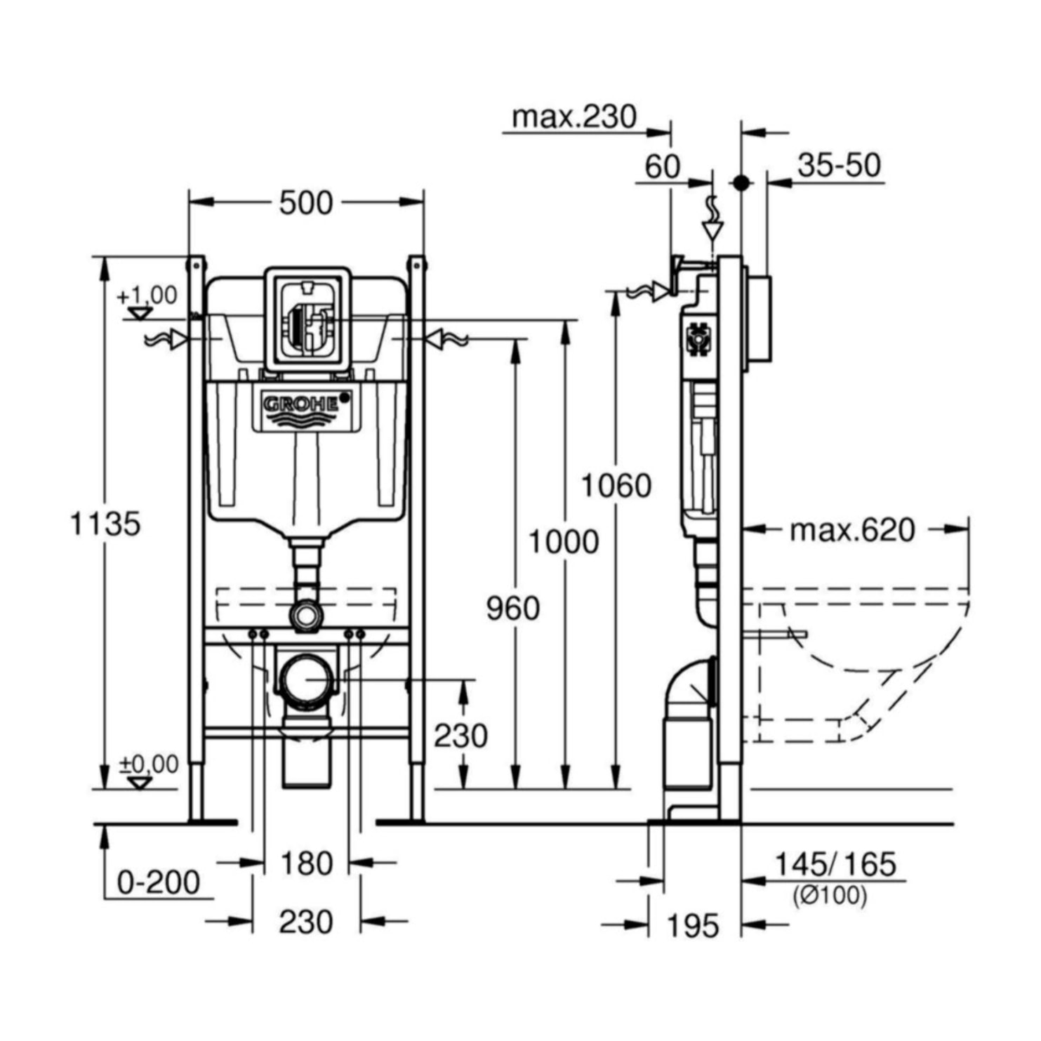 GROHE RAPID SL Project bâti support autoportant pour WC, 1.13m