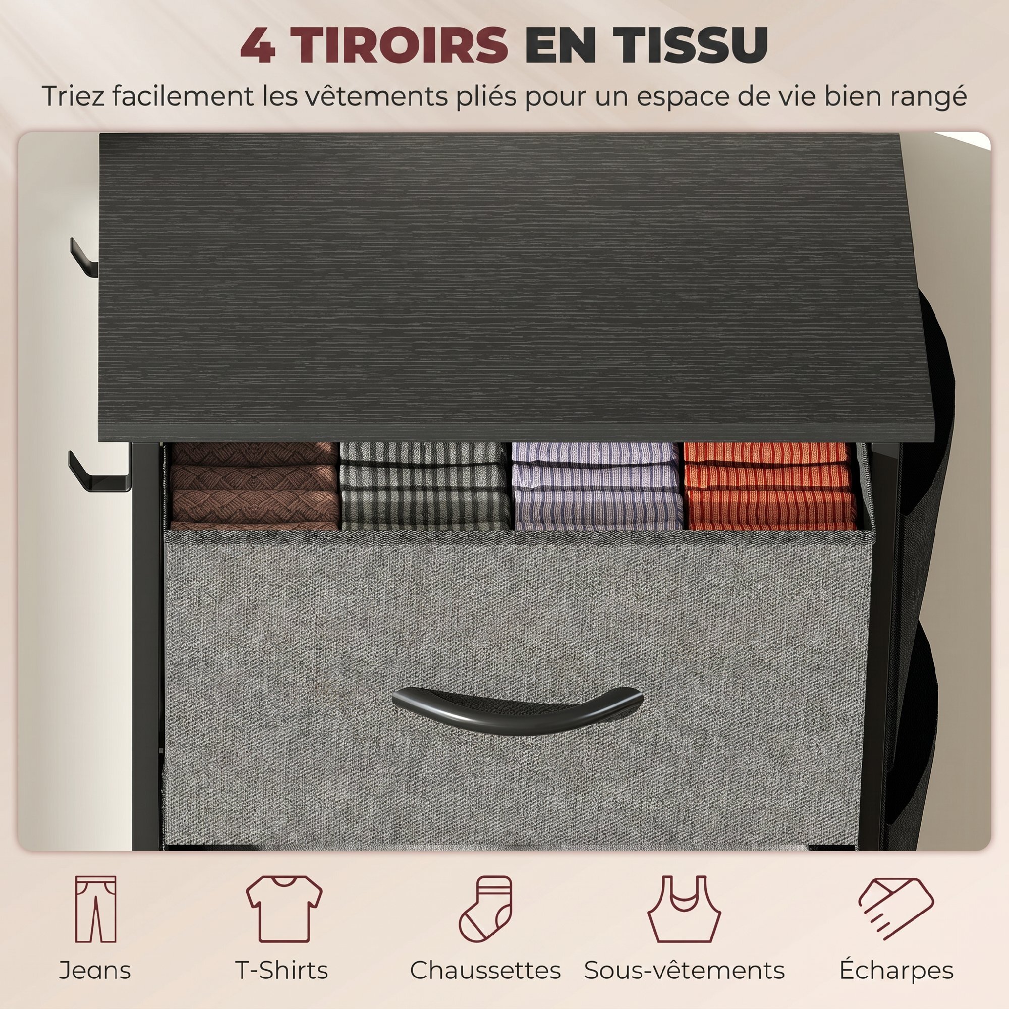 Commode chiffonnier 4 tiroirs en tissu 4 poches 2 crochets gris noir