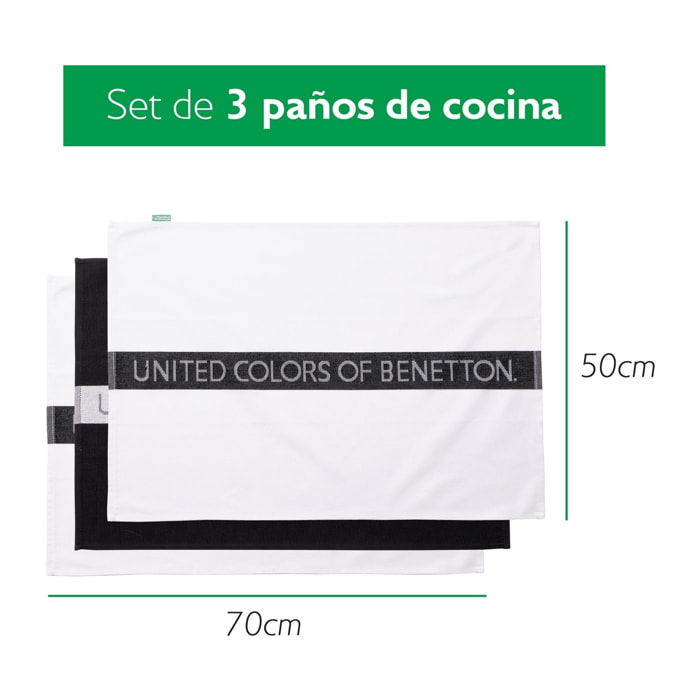Set 3pc paño cocina, 50x70cm, 255gsm, 100% algodón black&white Benetton