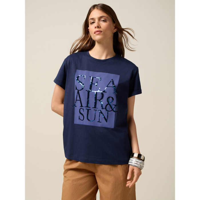 Oltre - T-shirt in jersey con ricamo lettering - Blu