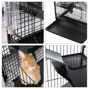 PawHut Cage pour Petits Animaux Roulante 3 Rampes 3 Plates-formes Plat et Bouteille d'Eau Bac Inférieur Amovible Acier PP Noire