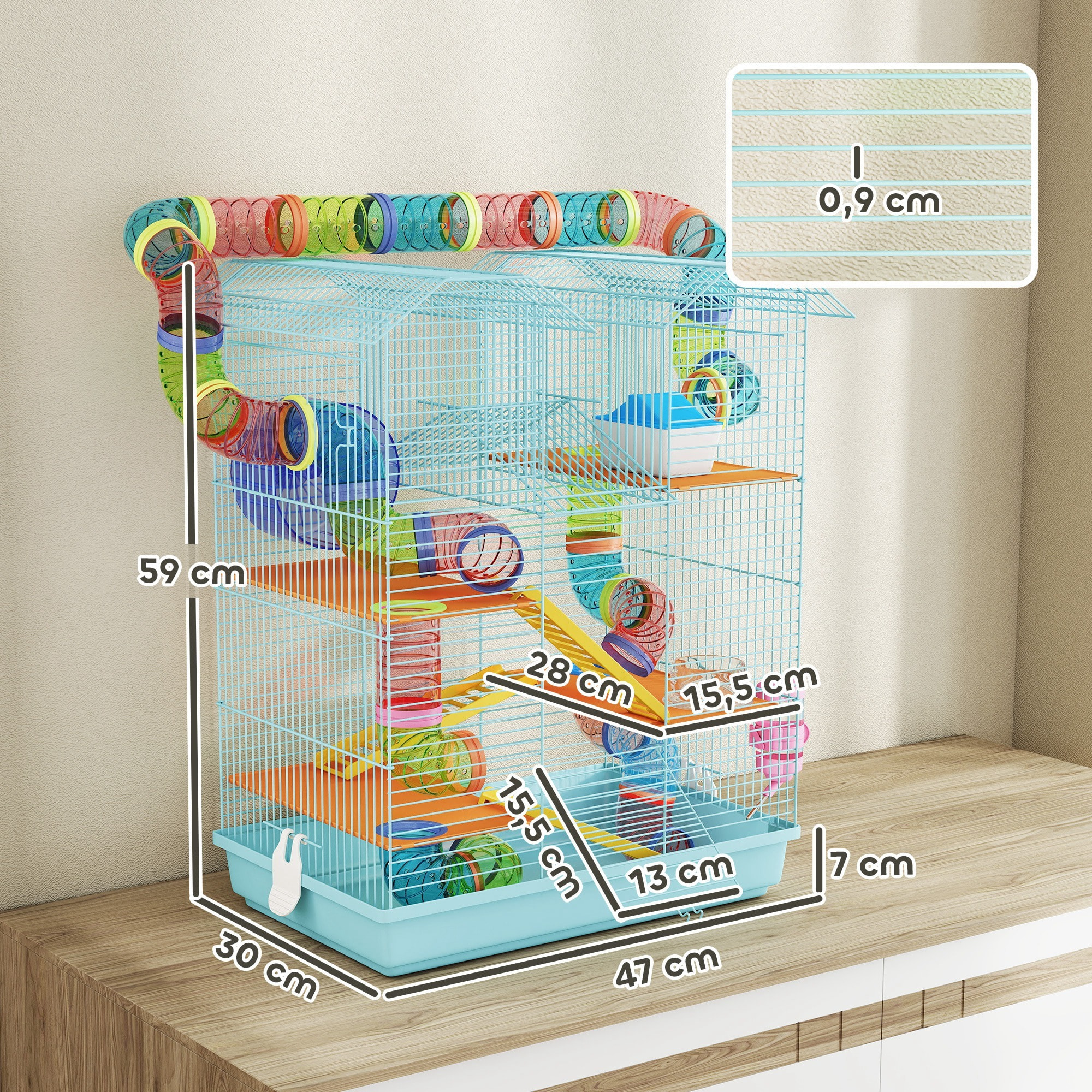Jaula para Hámster Hábitat para Animales Pequeños de Múltiples Niveles con 4 Plataformas Cuenco de Comida Bebedero Rueda de Ejercicio Escaleras Sistema de Tubos 47x30x59 cm Azul Claro