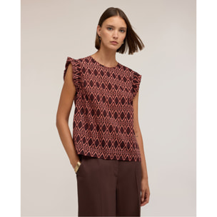 Motivi - Blusa in voile di cotone con stampa e volant - Bordeaux