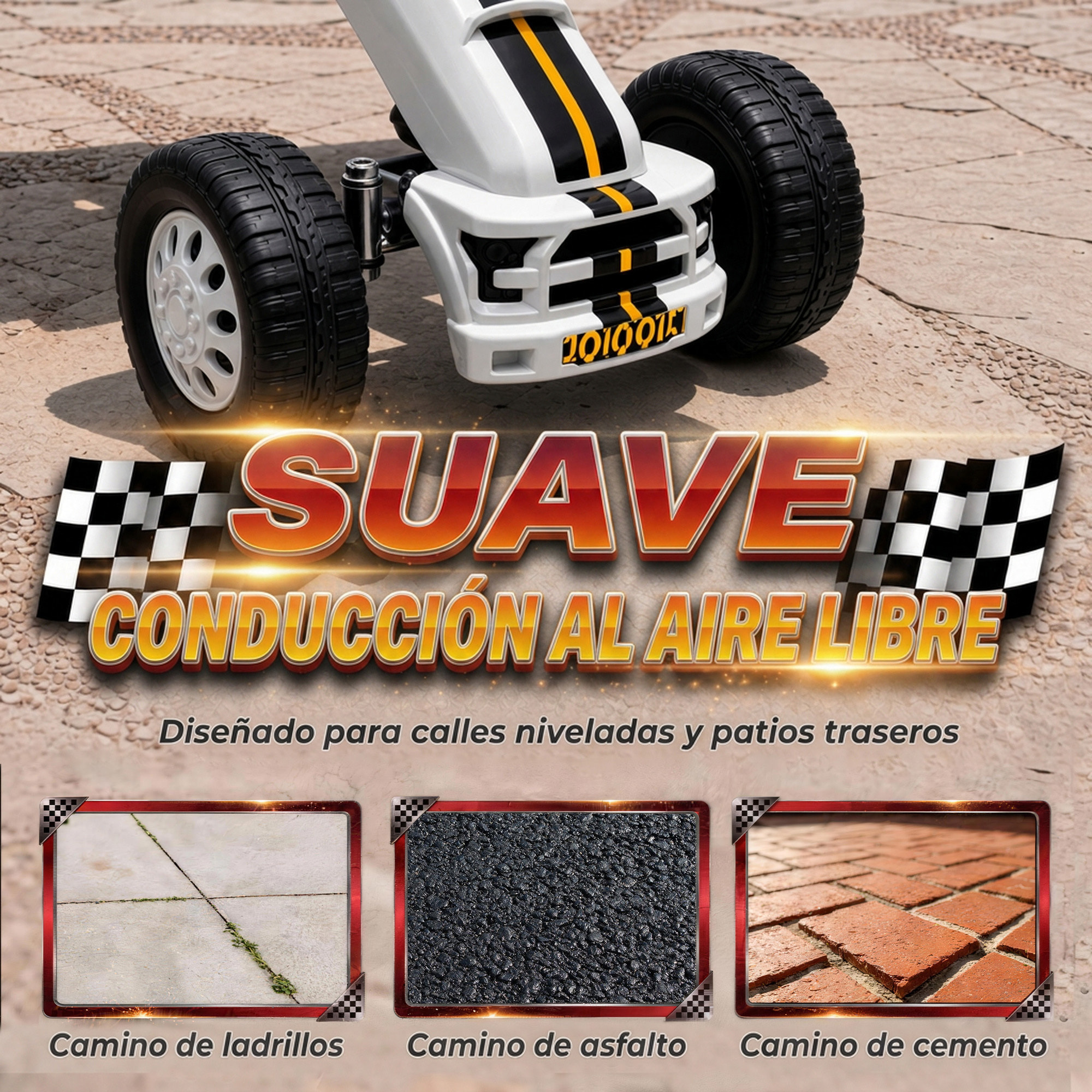 AIYAPLAY Kart Pedales para Niños de +3 Años, Go Kart con Asiento Ajustable, Volante, Freno Manual, Marco de Aluminio y Acero, Carga 30 kg, Blanco