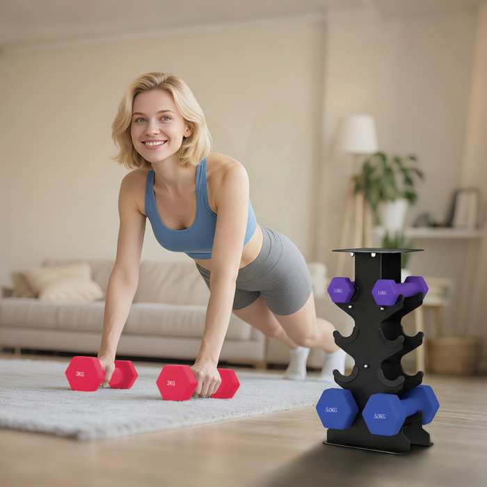 Support noir pour 6 haltères vinyles - 6 haltères incluses total 18 Kg - noir rose bleu violet