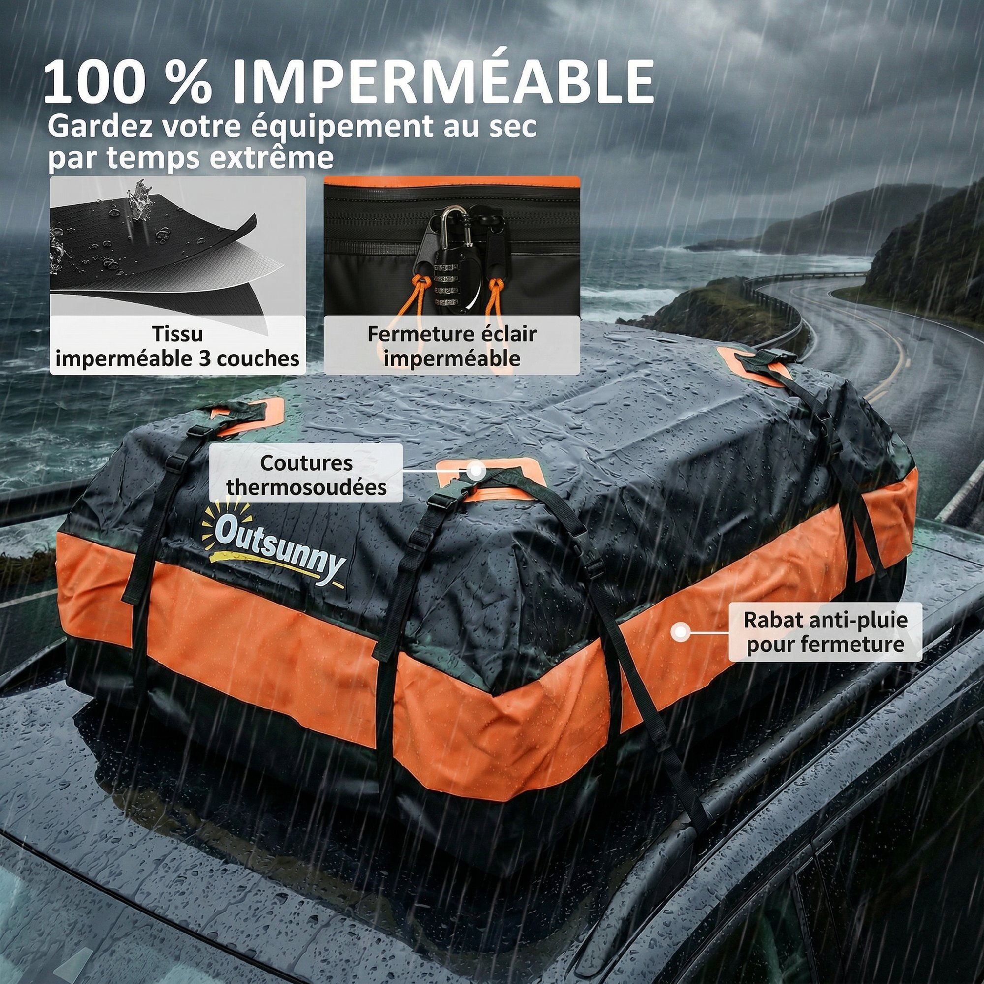 Coffre de toit souple pliant 425L avec accessoires charge max. 50 Kg orange noir