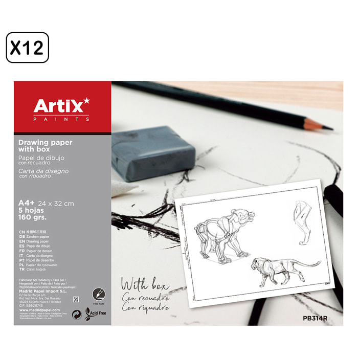 12 packs PAPEL DE DIBUJO CON RECUADRO 24 x 32 cm 5 HOJAS