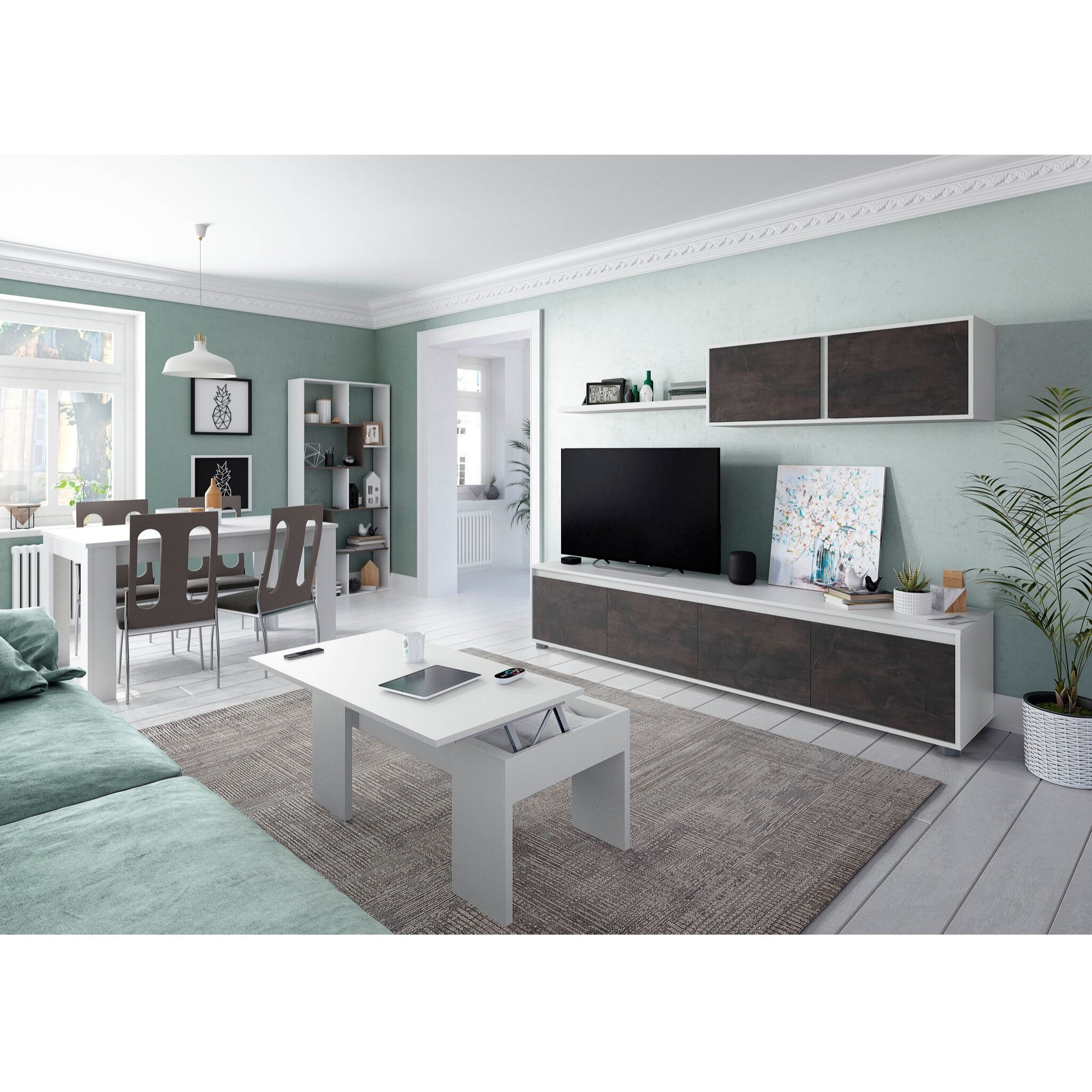 Parete Attrezzata Mobile Mobile Soggiorno TV con Mensola e Modulo Sospeso Salotto Legno Base Televisione Sala da Pranzo 200x41x43 cm Bianco E Ossido