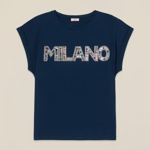 Oltre - Camiseta de punto jersey con bordado de letras - Azul