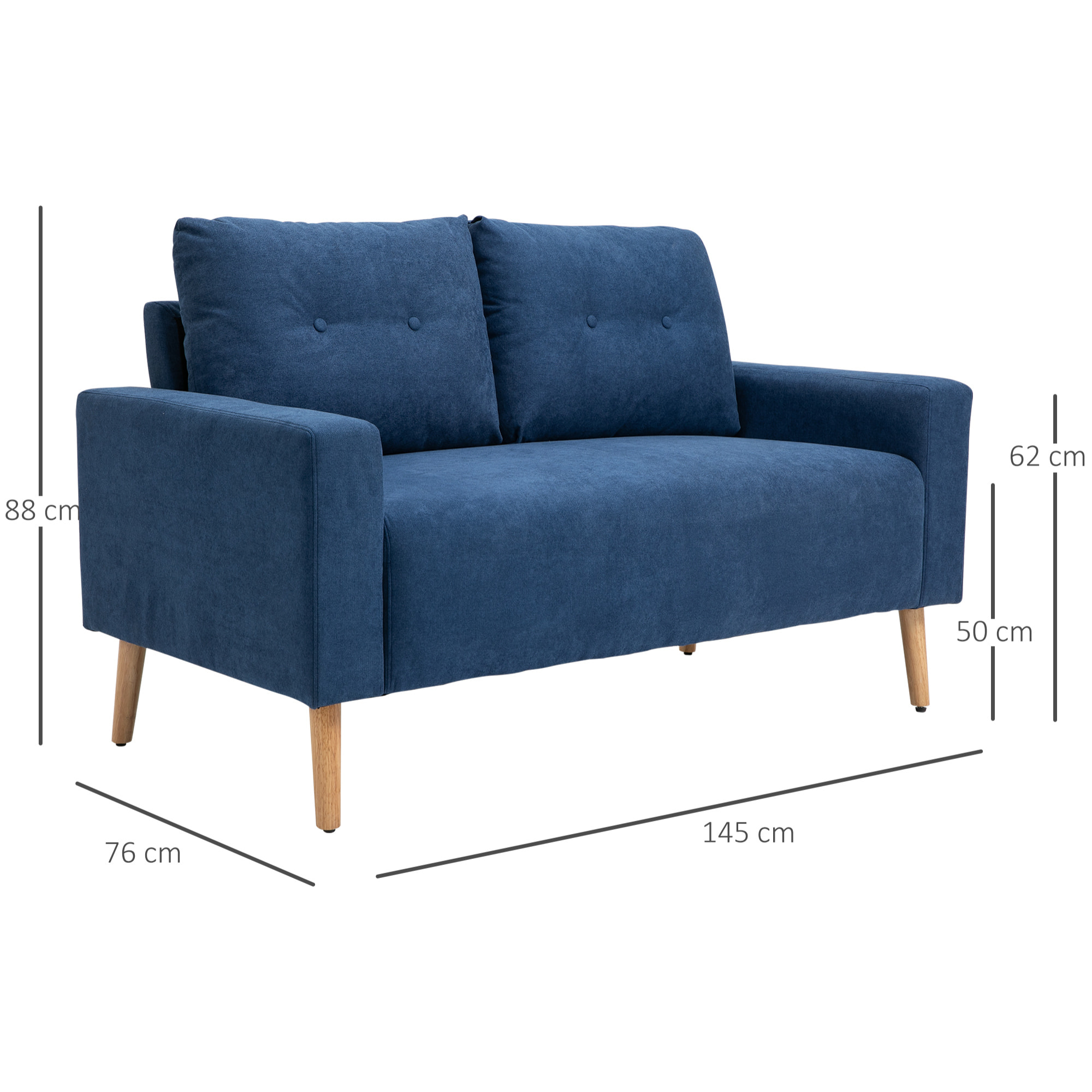 Sofá de 2 Plazas Sillón Moderno Tapizado en Poliéster con 2 Cojines Reposabrazos y Patas de Madera de Caucho para Dormitorio Oficina 145x76x88 cm Azul