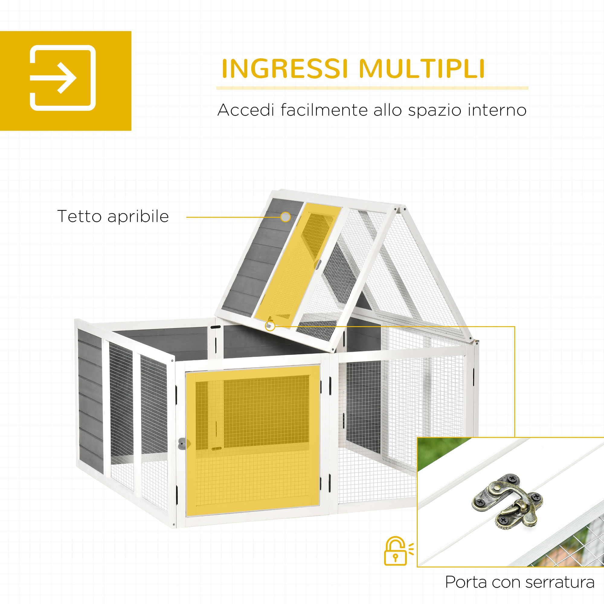 PawHut Conigliera da Esterno e Interno con Tetto Apribile, Gabbia per 2-4 Conigli - Grigia