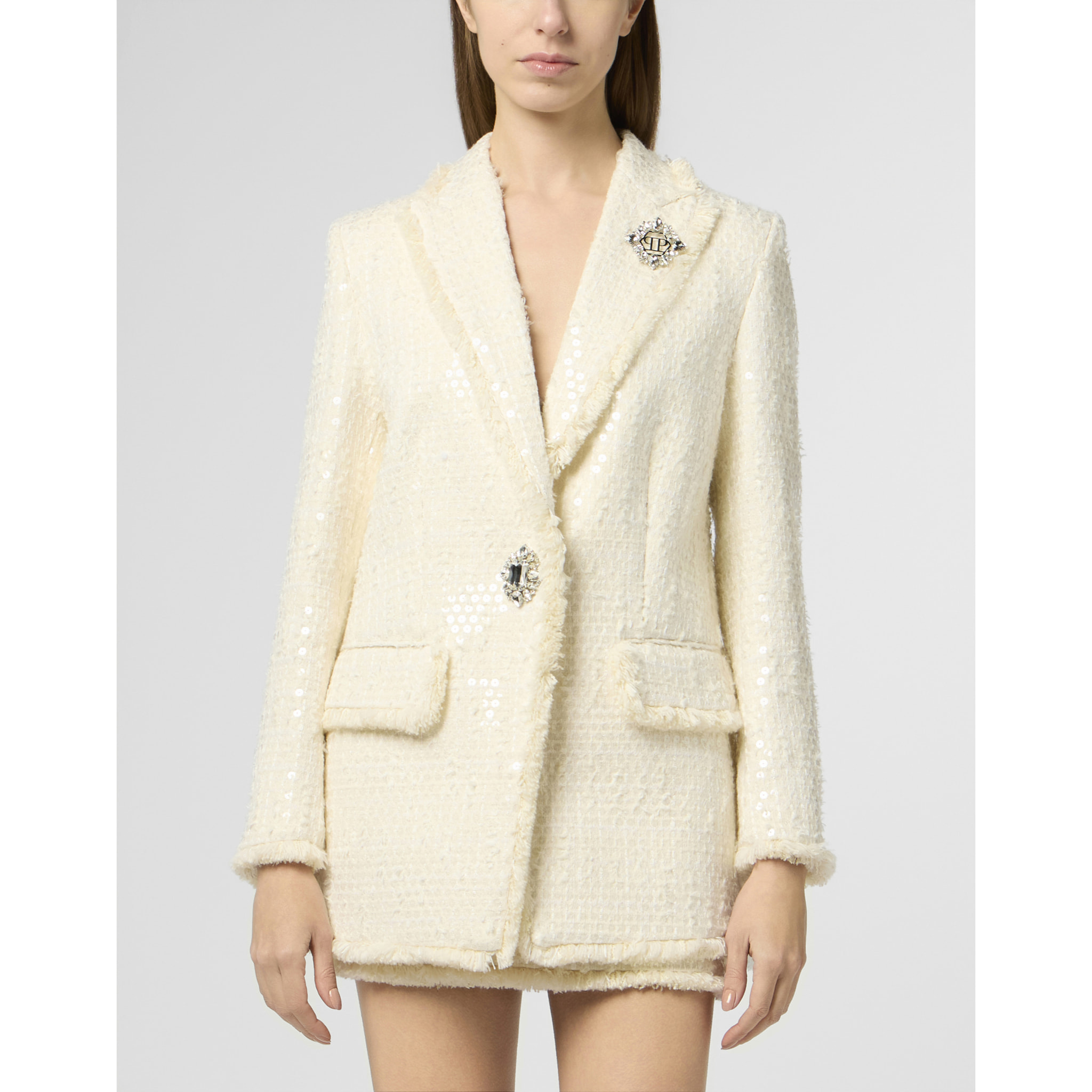 PHILIPP PLEIN Tweed Boyfriend's Fit Blazer Paillettes