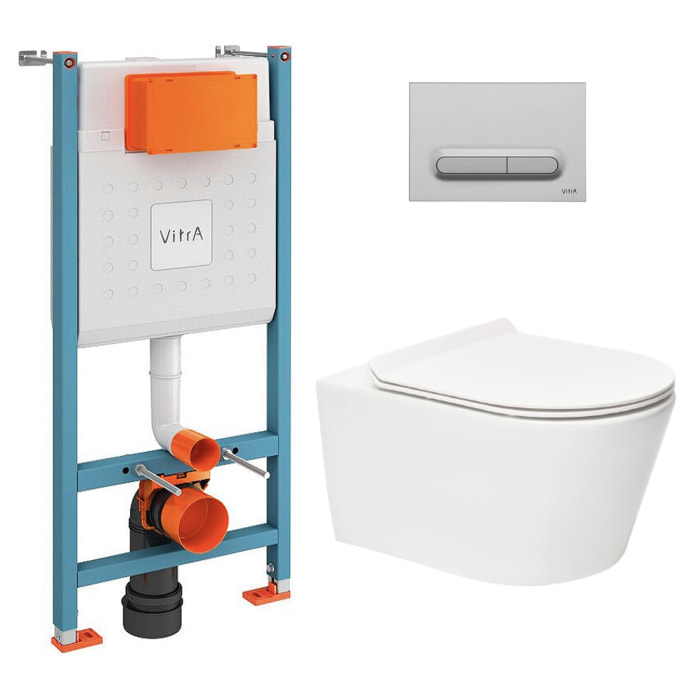 Pack WC Bâti-support Vitra V-Fix Core + WC sans bride SAT Brevis + Plaque Chrome mat (V-FixBrevis-5)