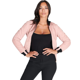 Bomber in pelle scamosciata rosa collo in lana merino a contrasto