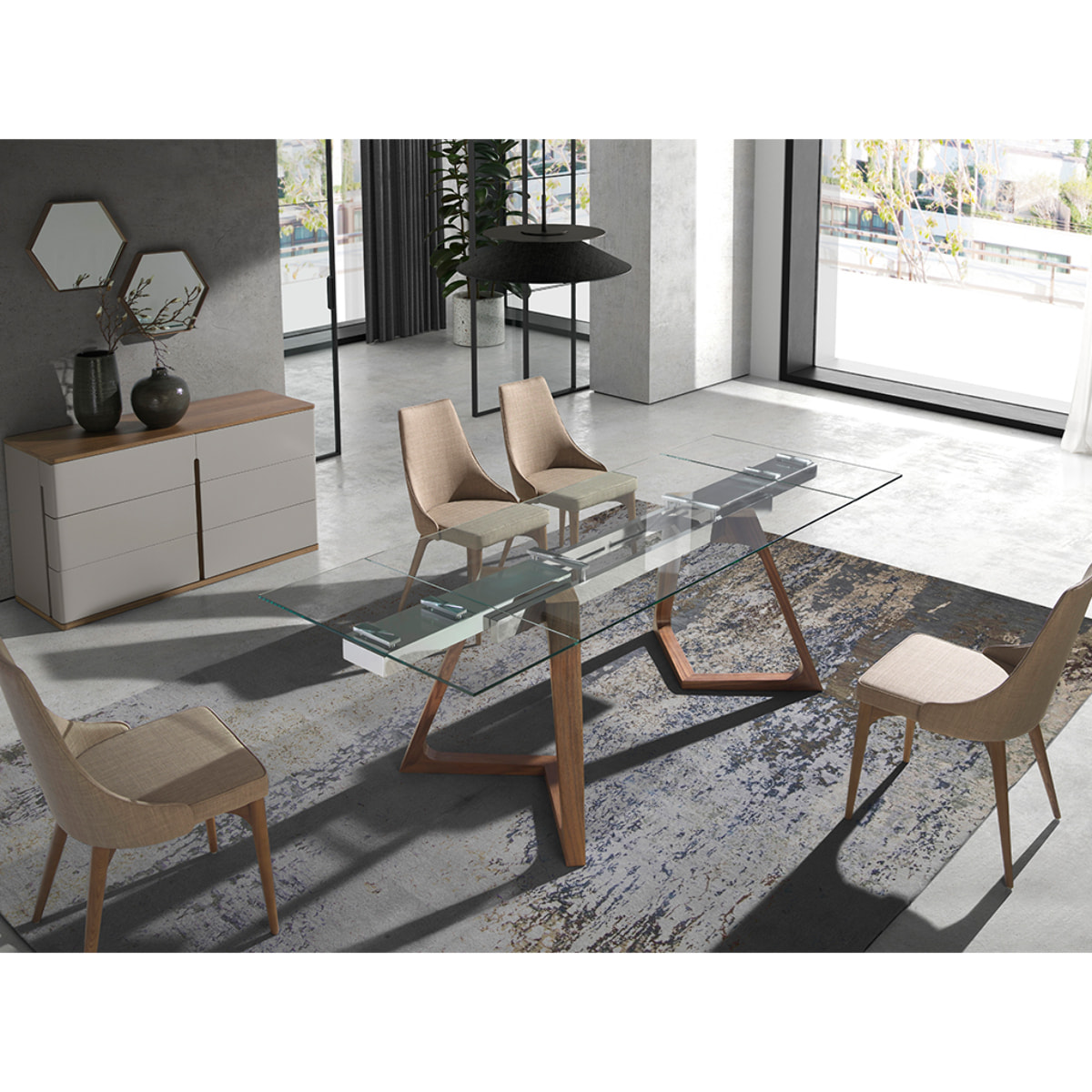 Cómoda Angel Cerdá con estructura de madera de MDF en gris y una original base de madera chapada en nogal 135x48x76cm